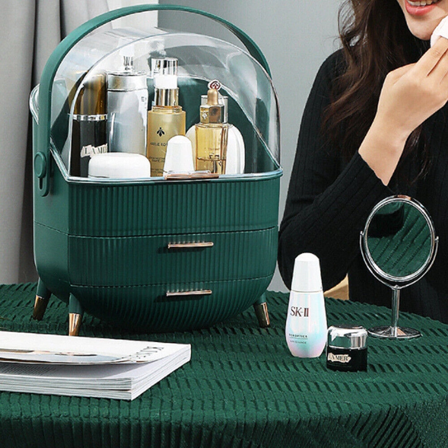 Portable Makeup Organizer Case with Cosmetic Storage and Jewelry Drawers
