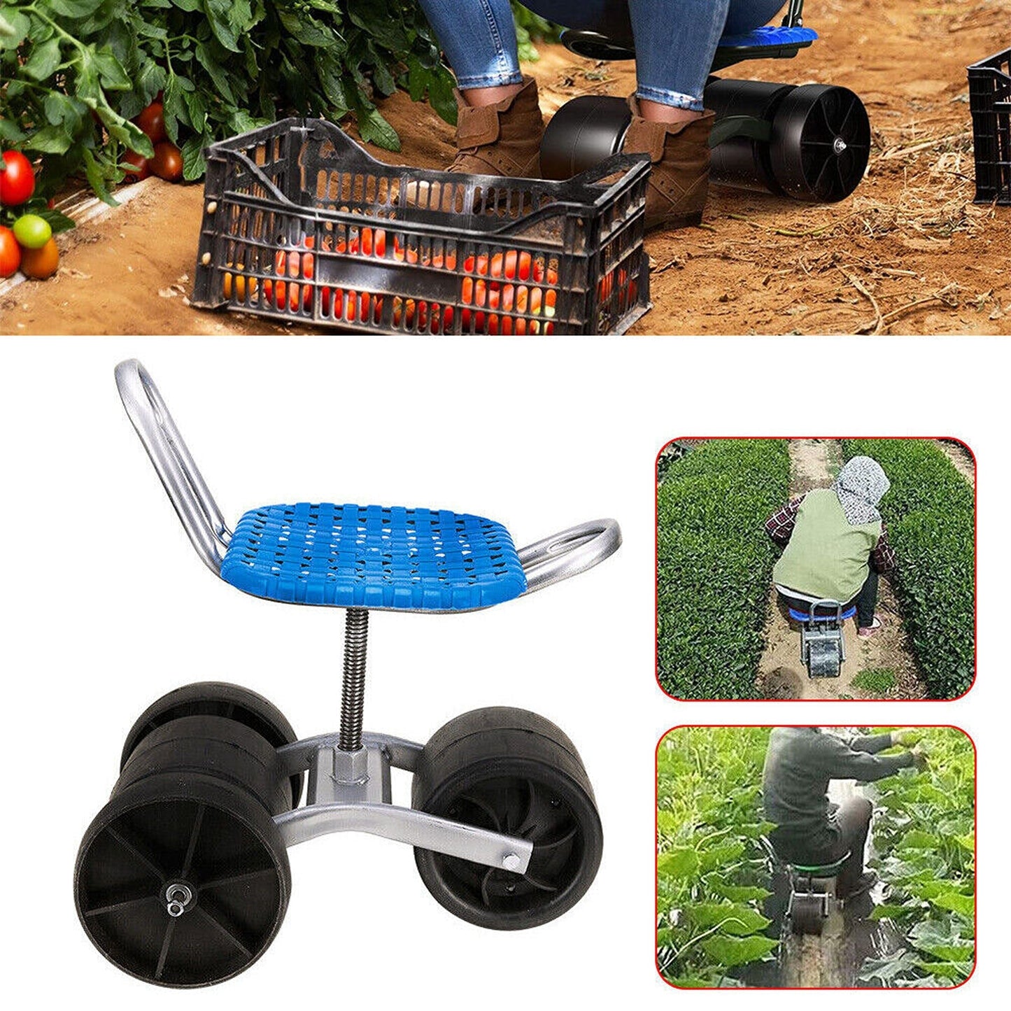 Rolling Gardening Stool with Adjustable Height and 360-Degree Wheels