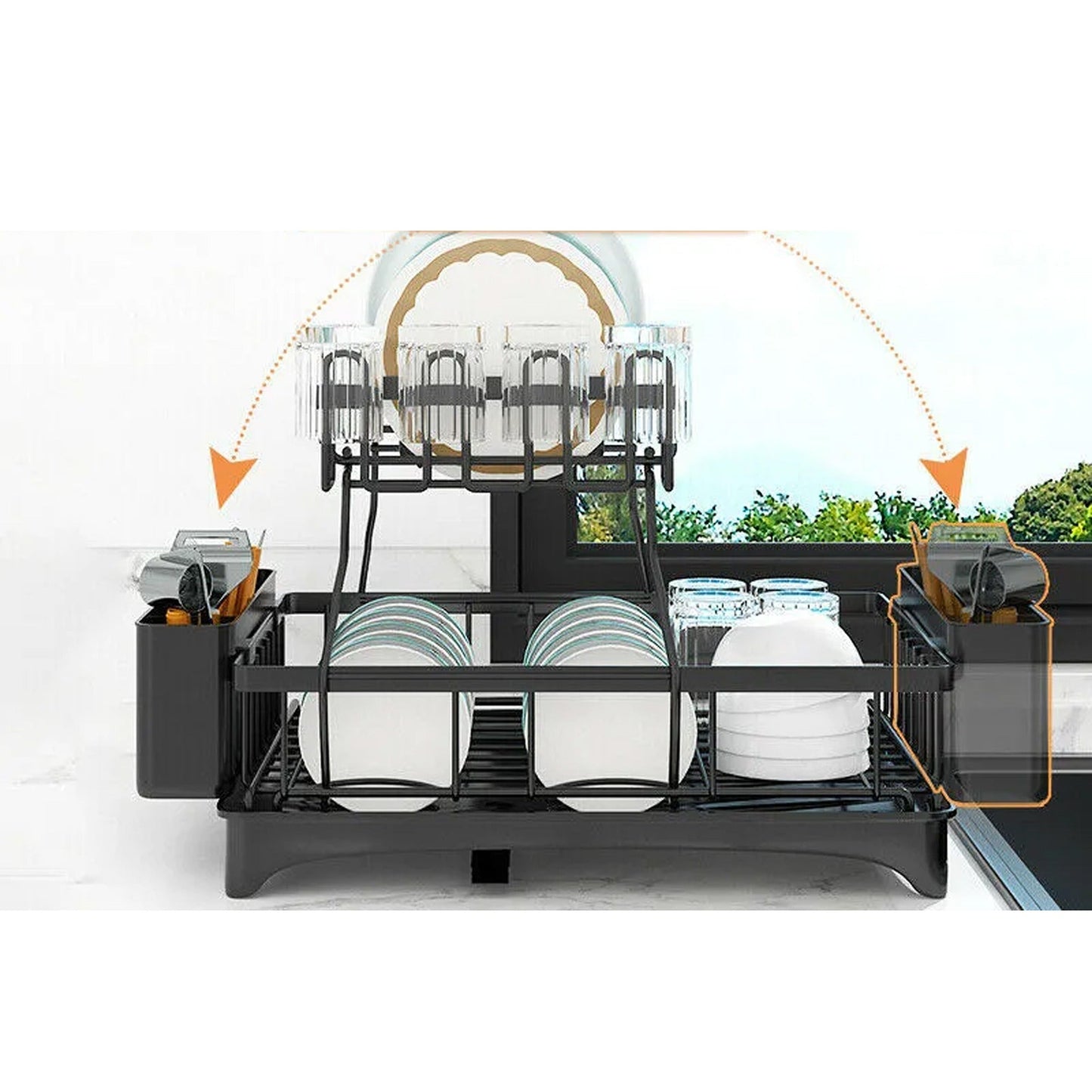 Over Sink Dish Drainer with Cup Holder Two-Tier Kitchen Rack