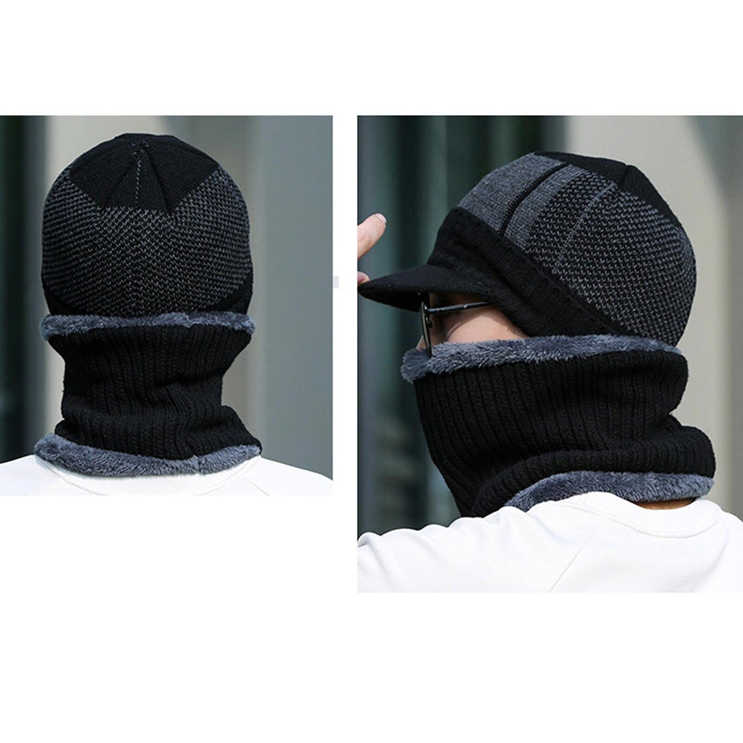 Men Fleece Lined Winter Beanie and Scarf Set Fashion Warm Ski Cap