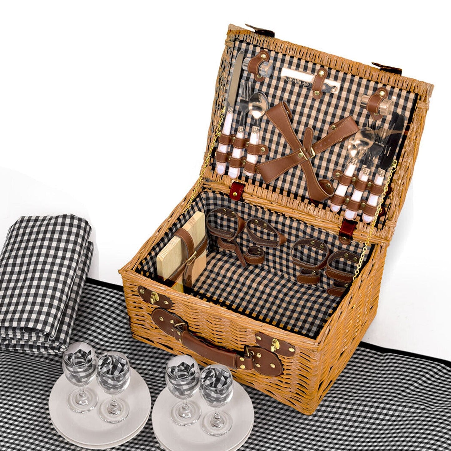 Deluxe Picnic Basket Set for 4 Outdoor Blanket and Willow Storage for Gifts