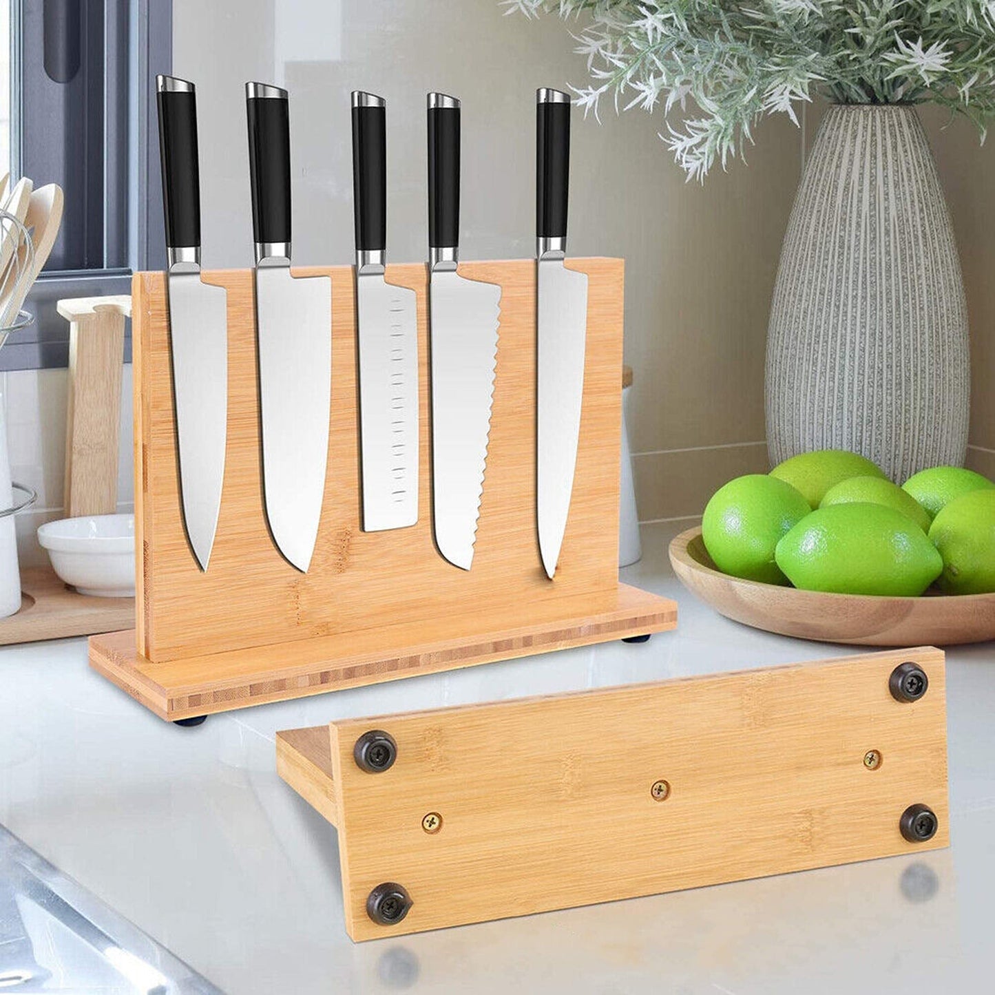 Bamboo Magnetic Knife Block Eco-friendly Cutlery Stand with Enhanced Magnets
