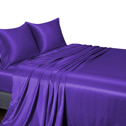 Purple Double Queen King Silk Satin Sheet Set Flat Fitted Sheet And Pillowcase