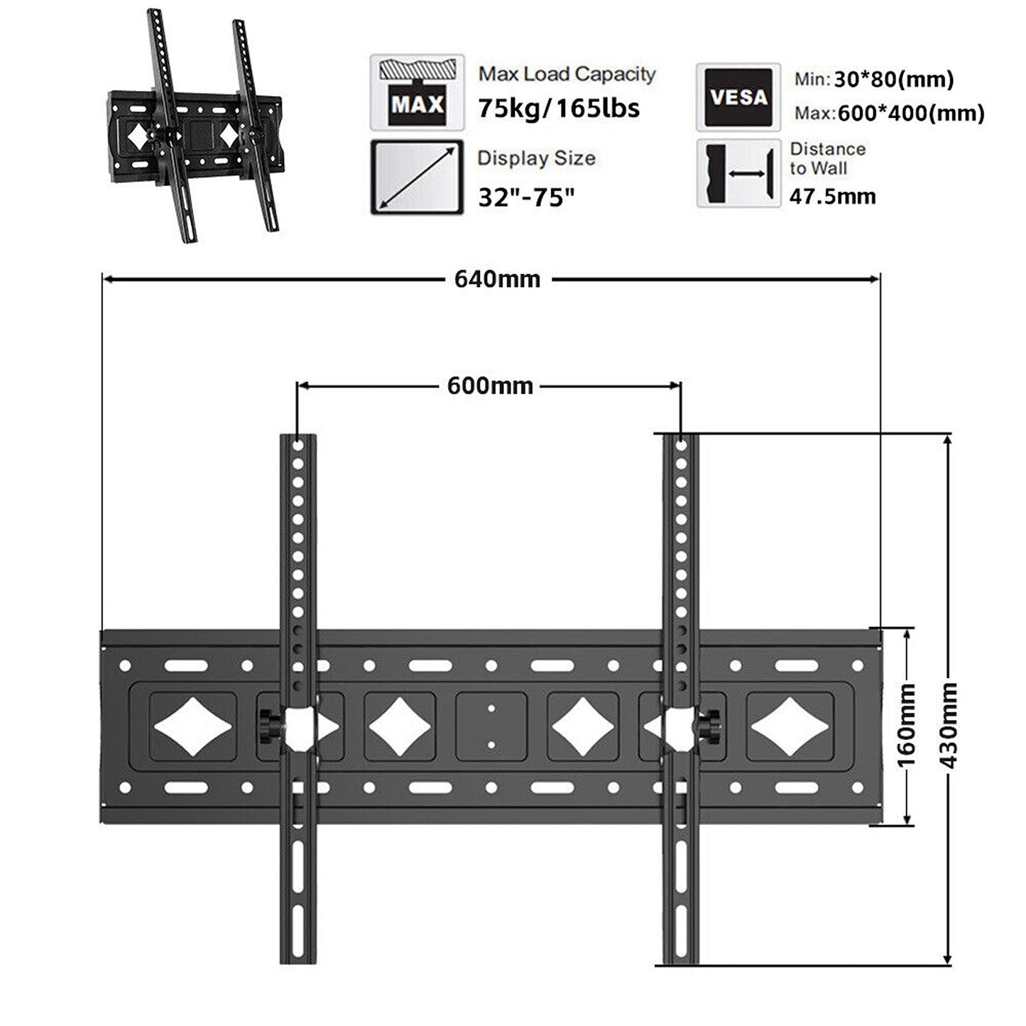 VESA Wall Mount Bracket for 32 to 75 Inch TVs Suitable for Flat and Curved Screens