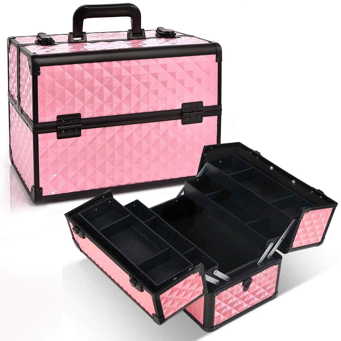 Portable Diamond Pattern Beauty Makeup Cosmetic Case with Carry Strap