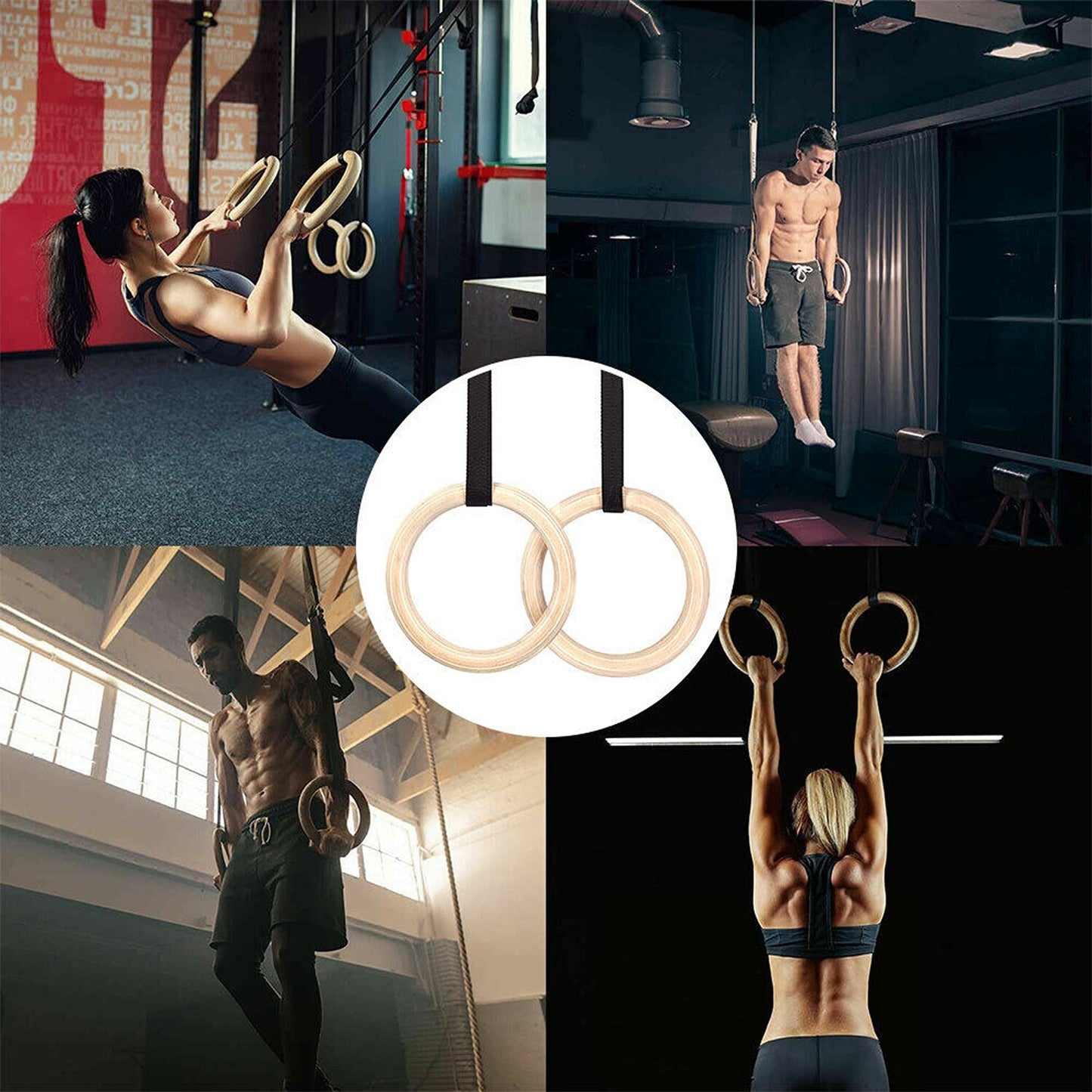 Wooden Gymnastic Rings with Adjustable Straps for Crossfit and Strength Training