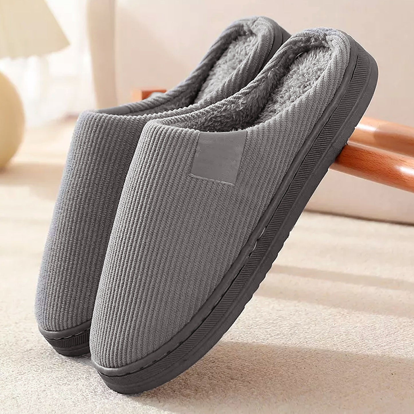 Grey Plush Lined Anti-Slip Winter Slippers Warm Indoor Slides for Men and Women