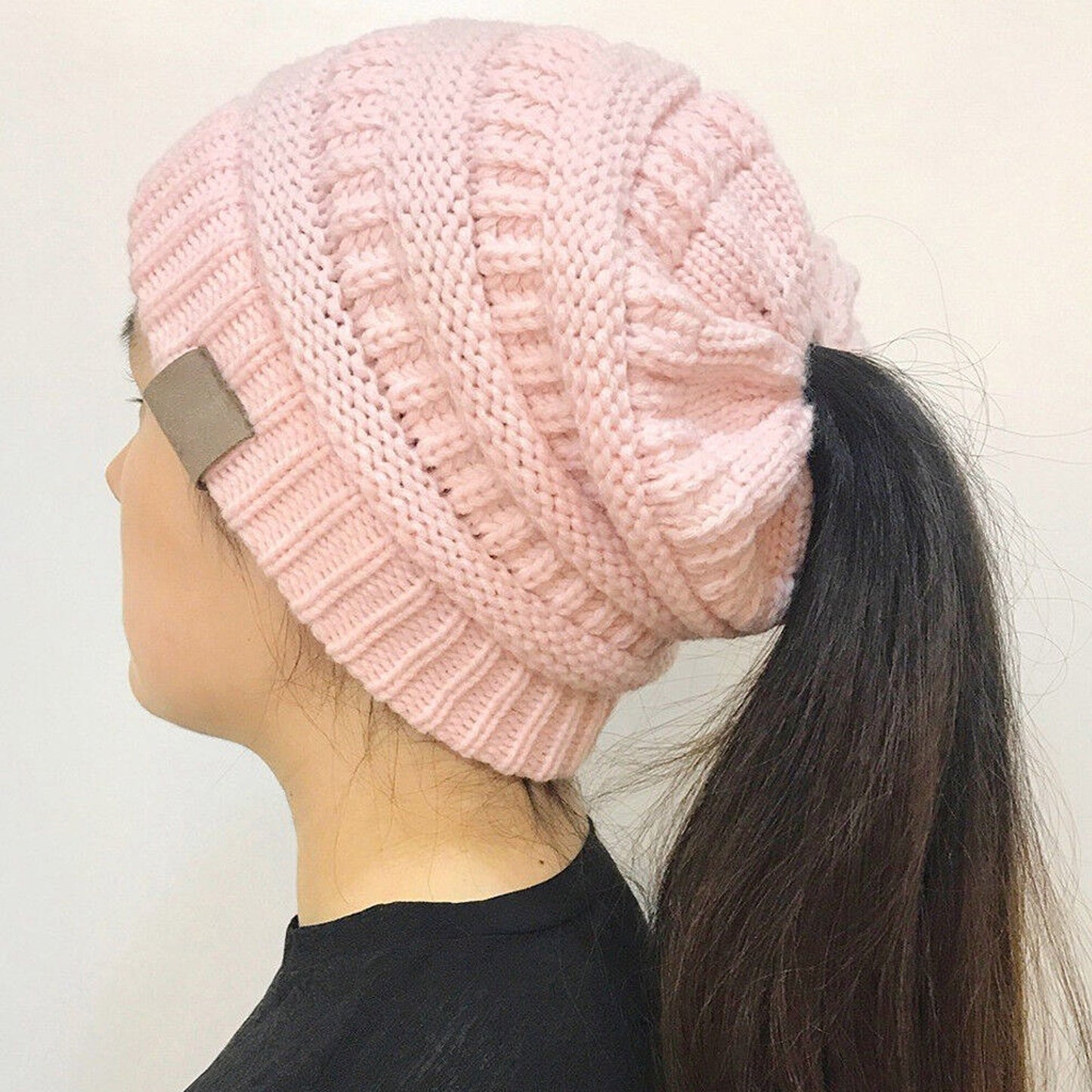 High Bun Ponytail Beanie for Women Soft Stretch Cable Knit Crochet Hat