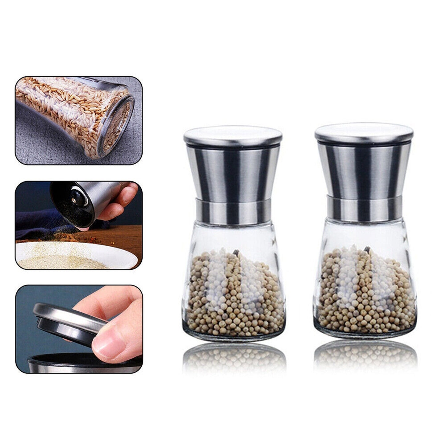 2pcs Adjustable Salt and Pepper Grinder Set Stainless Steel Glass Mill