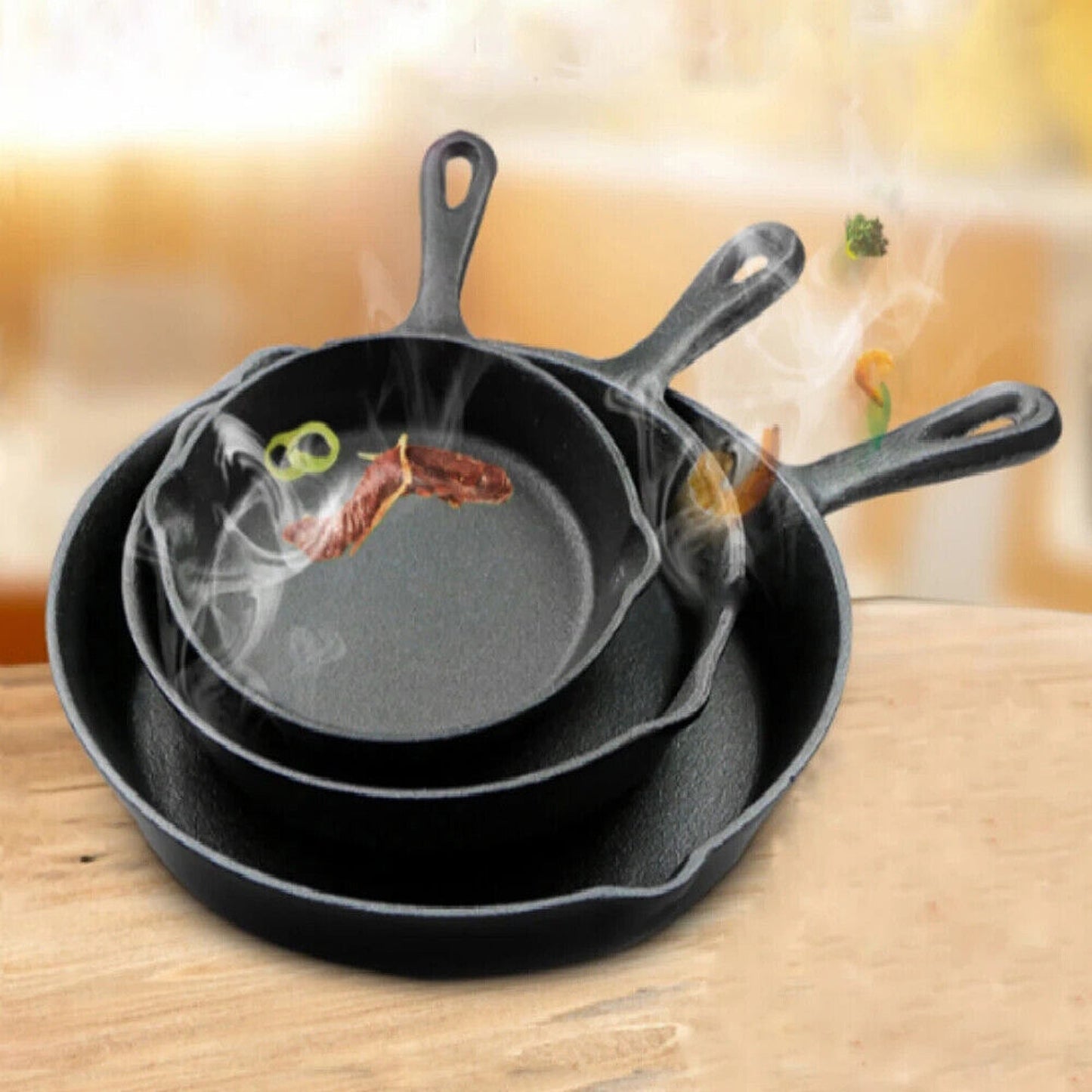 3-Piece Nonstick Cast Iron Frypan Set for BBQ and Cooking