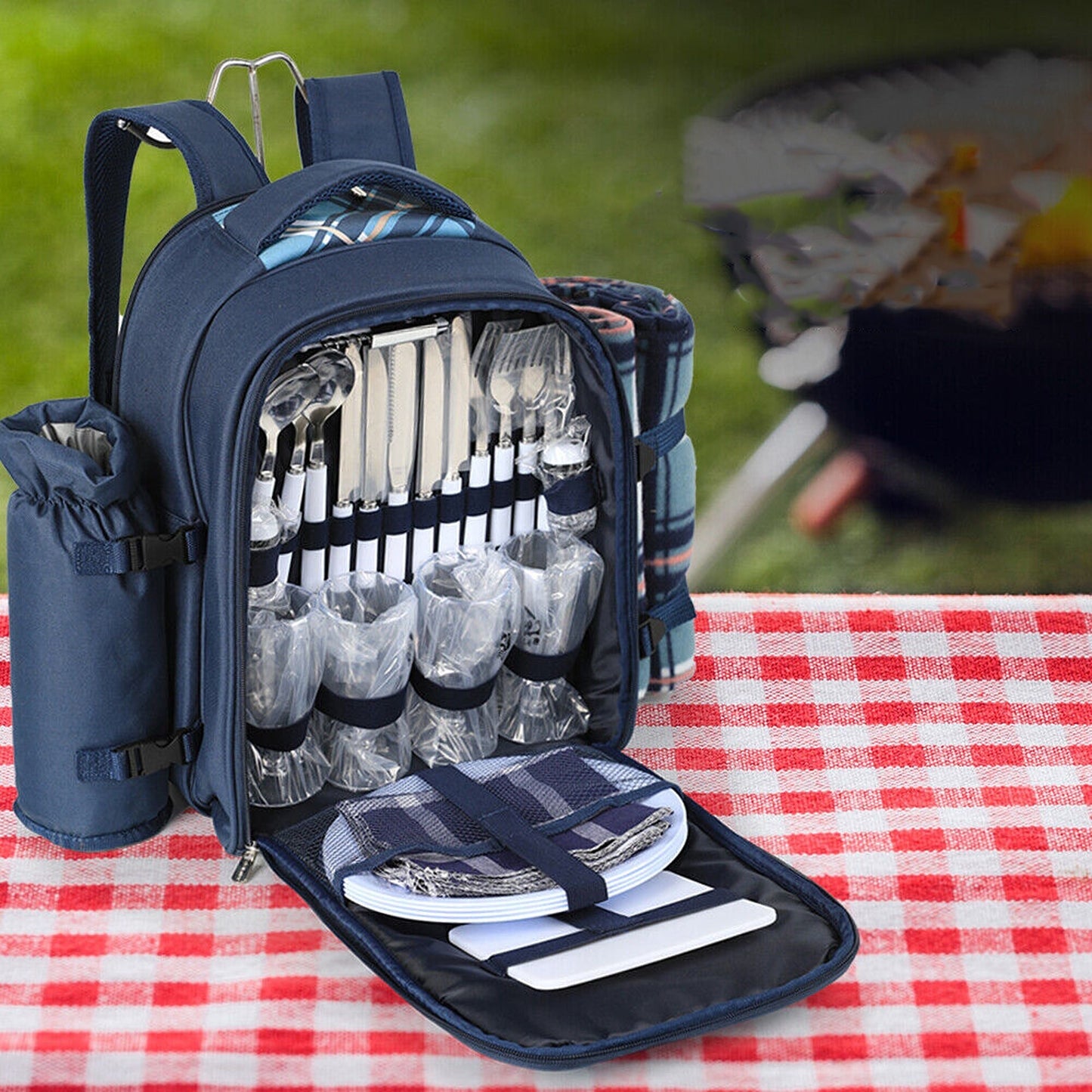 4 Person Picnic Backpack with Insulated Leakproof Cooler Bag