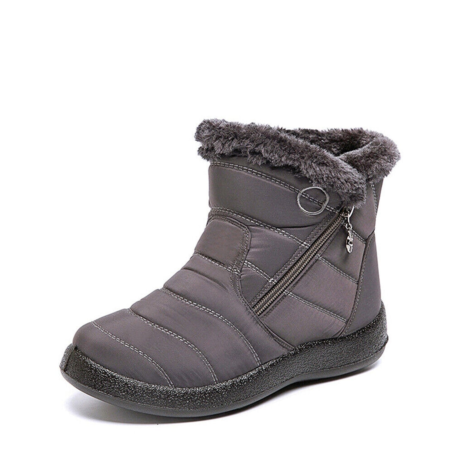 Gray Women Gray Fur Lined Snow Ankle Boots Winter Warm Waterproof Flat Shoes
