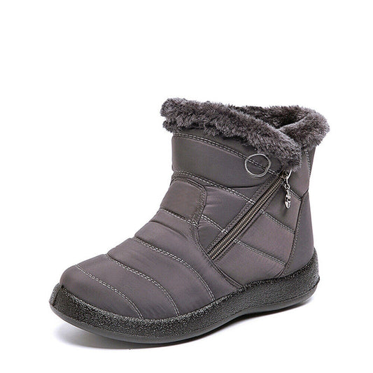 Gray Women Gray Fur Lined Snow Ankle Boots Winter Warm Waterproof Flat Shoes