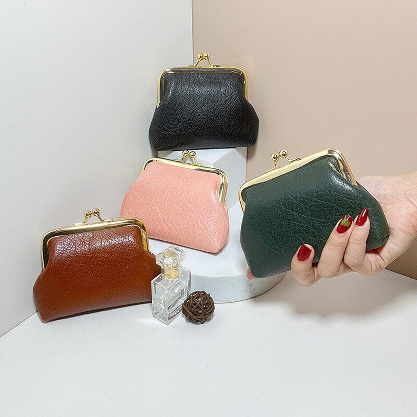 Small Leather Cosmetic Bag for Coin and Lipstick Storage