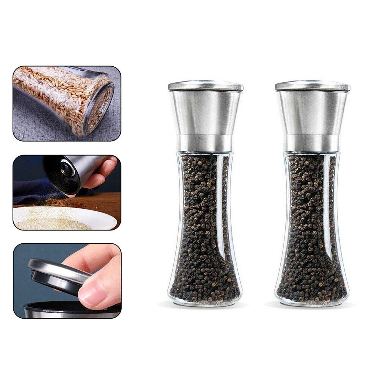 2pcs Adjustable Salt and Pepper Grinder Set Stainless Steel Glass Mill