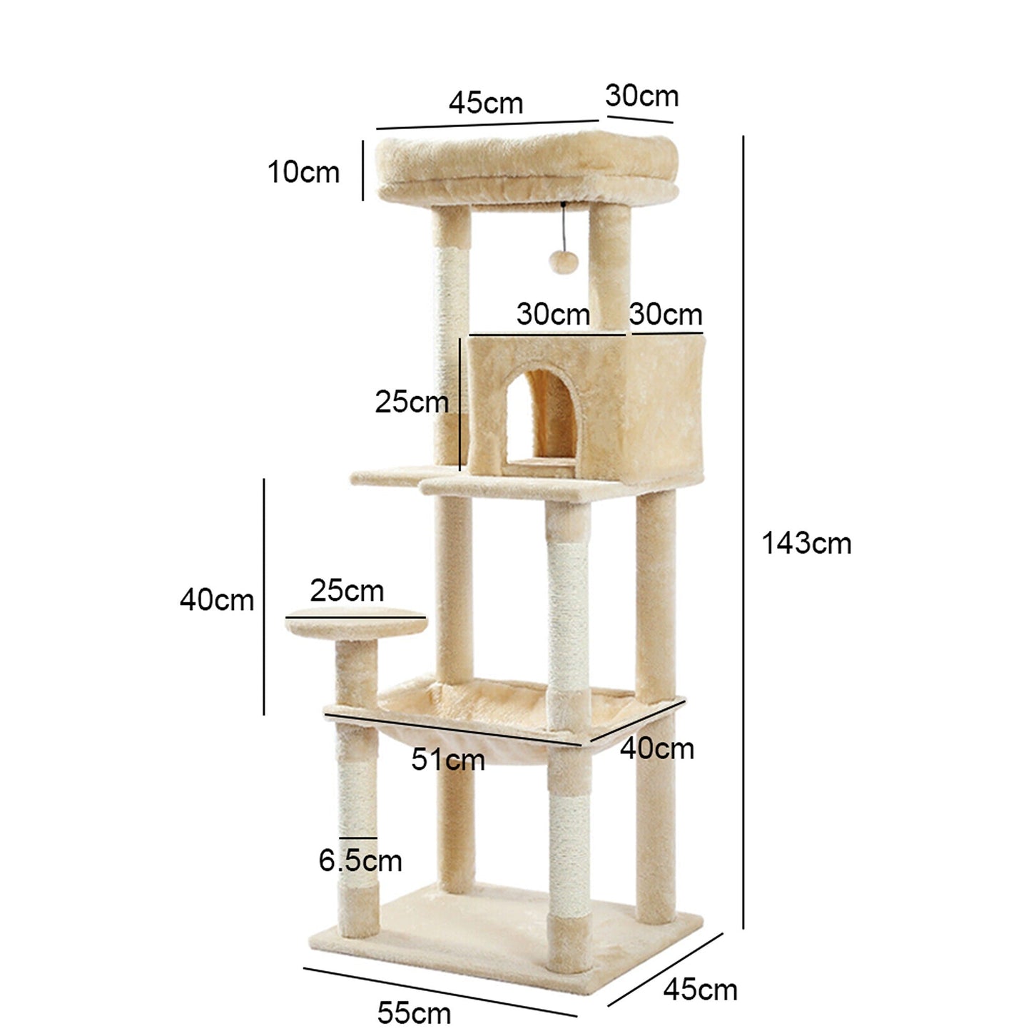 143cm Cats Condo House Cat Tree Tower with Scratching Post and Toys