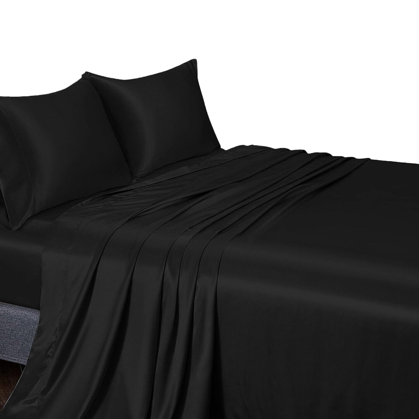 Black Double Queen King Silk Satin Sheet Set Flat Fitted Sheet And Pillowcase