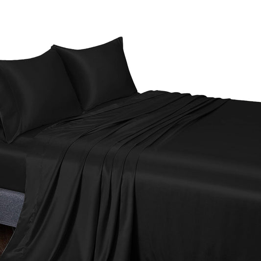 Black Double Queen King Silk Satin Sheet Set Flat Fitted Sheet And Pillowcase
