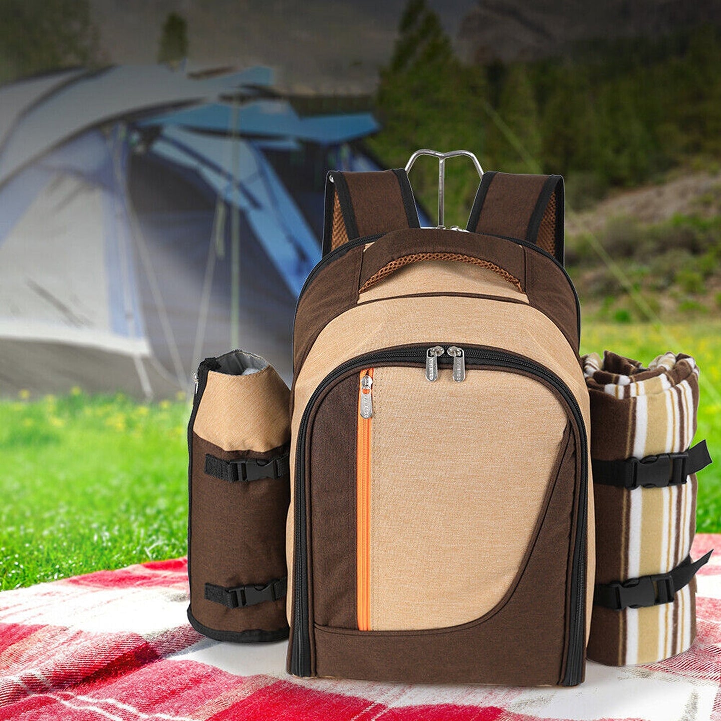 4 Person Picnic Backpack with Insulated Leakproof Cooler Bag