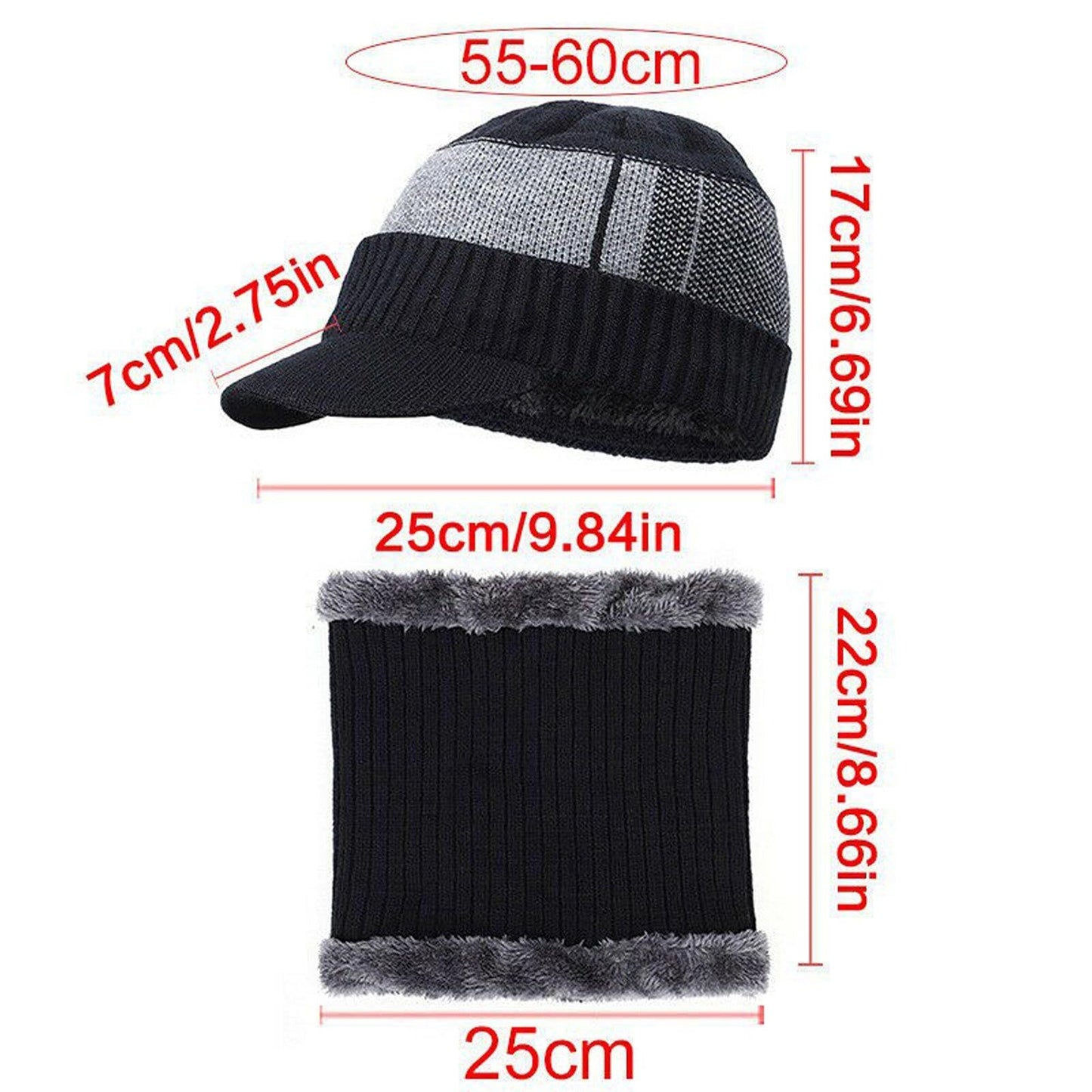 Men Fleece Lined Winter Beanie and Scarf Set Fashion Warm Ski Cap