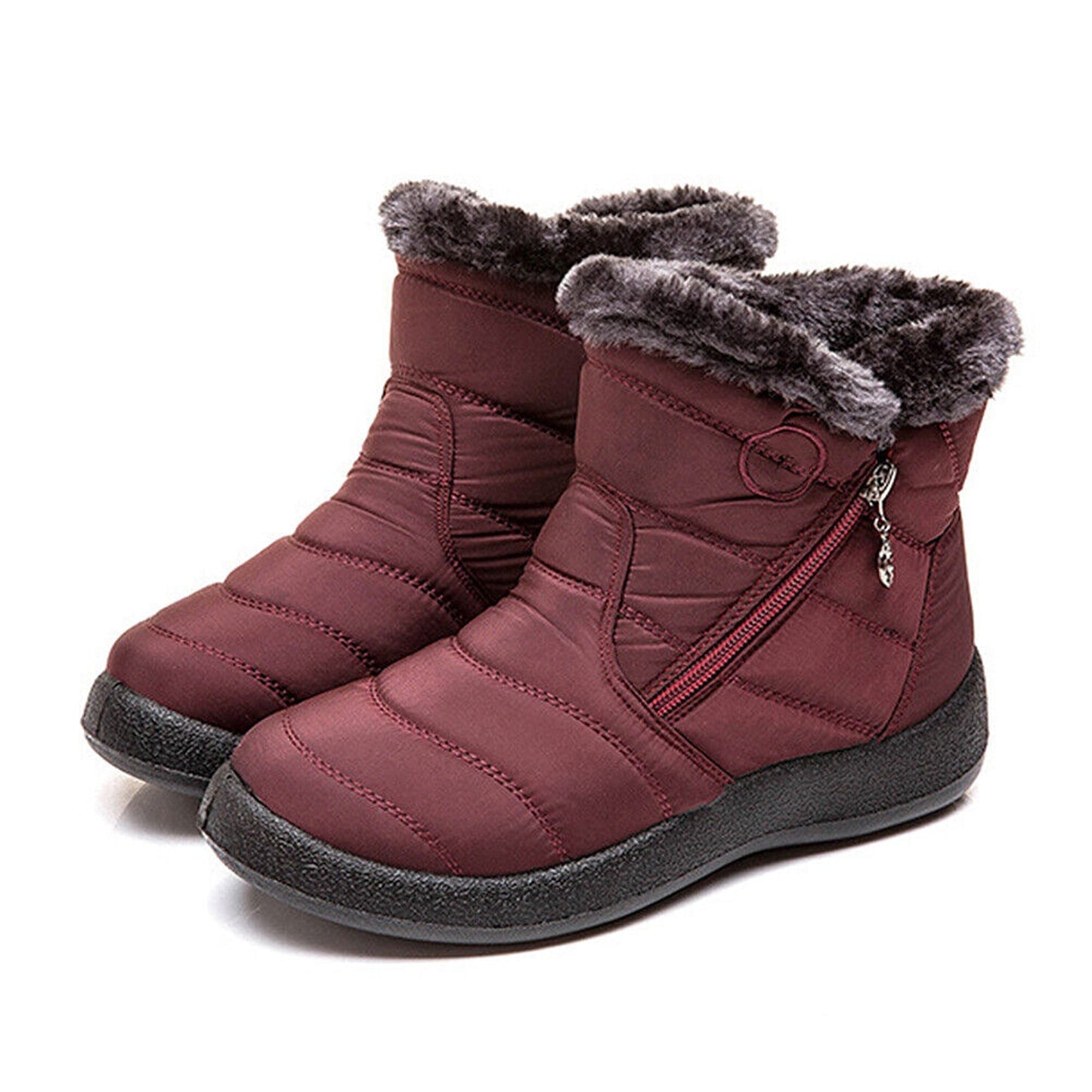 Red Women Red Fur Lined Snow Ankle Boots Winter Warm Waterproof Flat Shoes