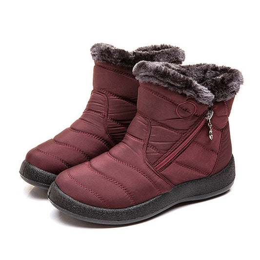 Red Women Red Fur Lined Snow Ankle Boots Winter Warm Waterproof Flat Shoes