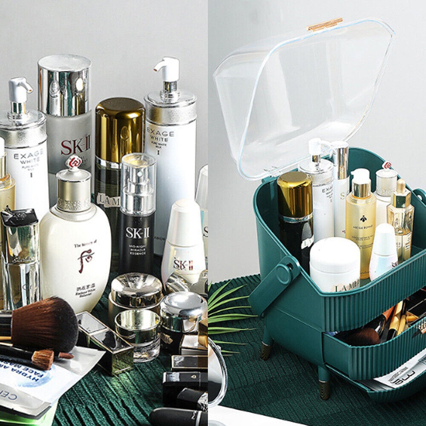 Portable Makeup Organizer Case with Cosmetic Storage and Jewelry Drawers