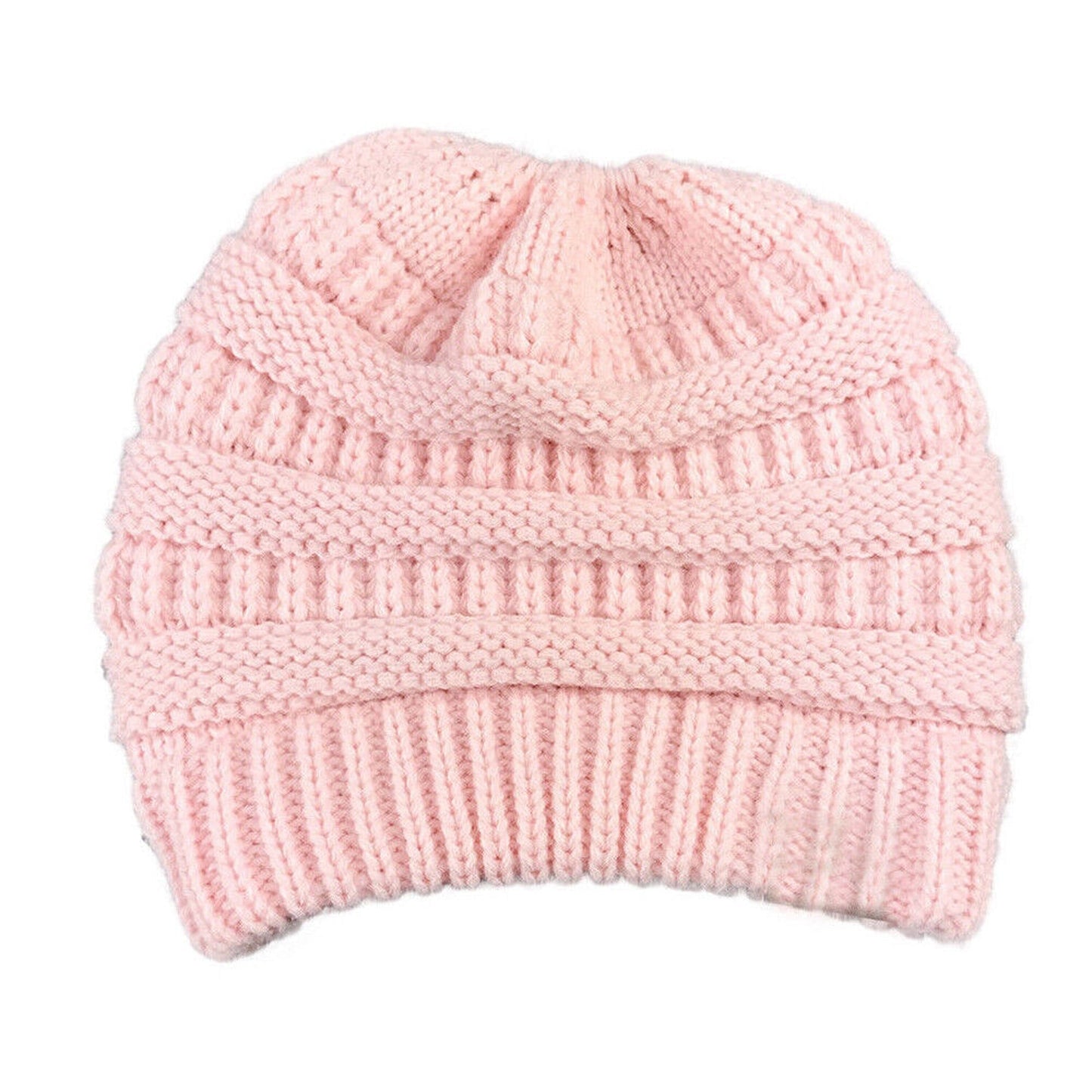 High Bun Ponytail Beanie for Women Soft Stretch Cable Knit Crochet Hat