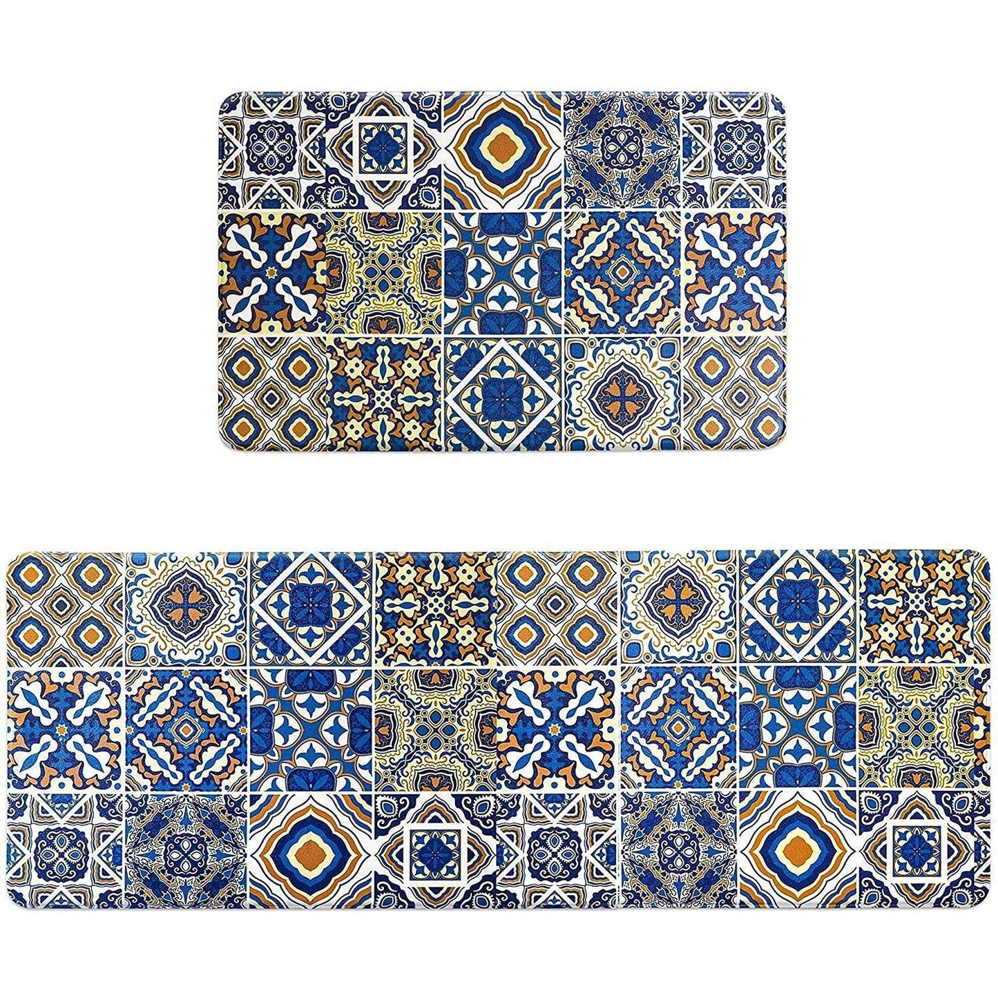 Blue Block Pattern Comfort Kitchen Mat Set with Rubber Back