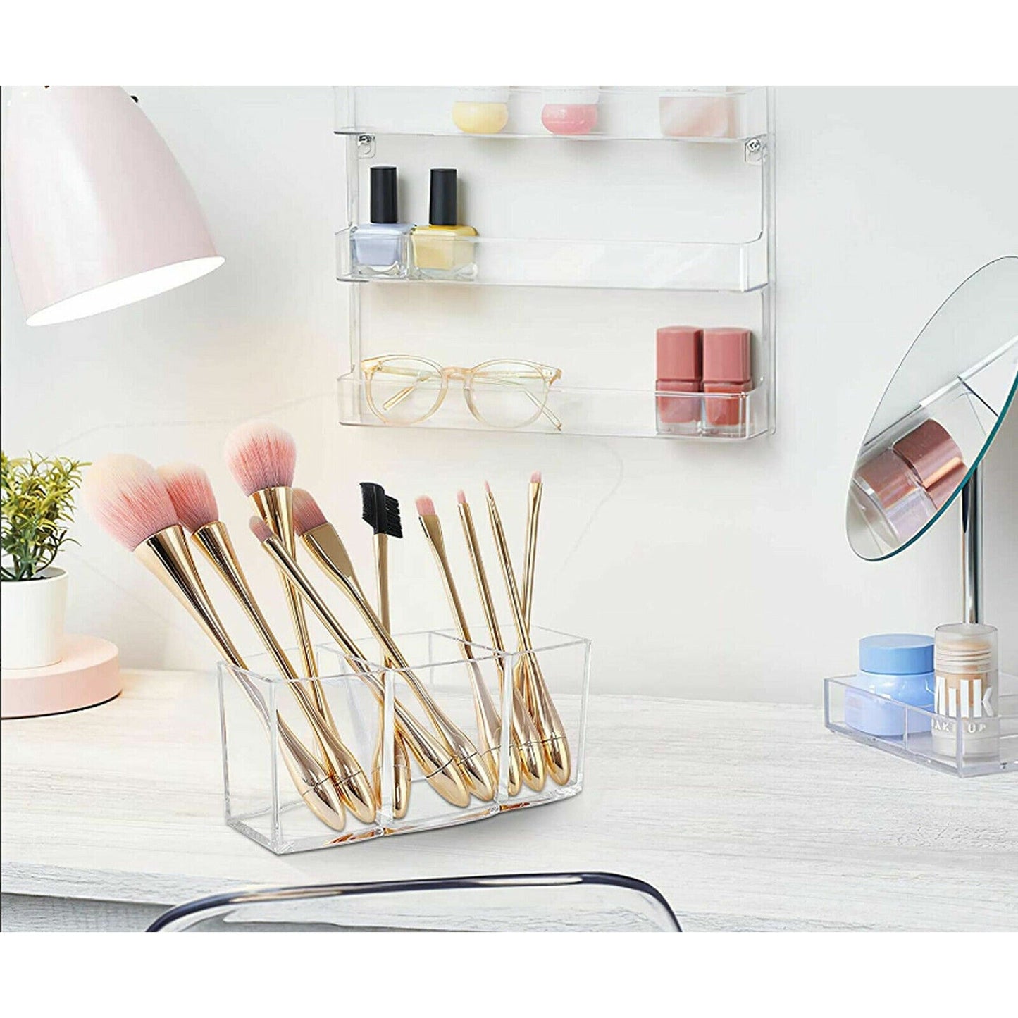 Acrylic Makeup Brush Holder with 3 Compartments for Cosmetic Storage