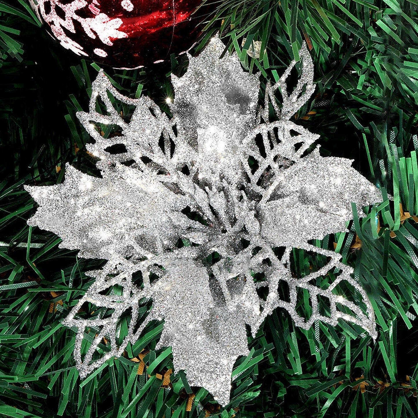 10pcs Christmas Poinsettia Glitter Flower Decorations Xmas Tree Hanging
