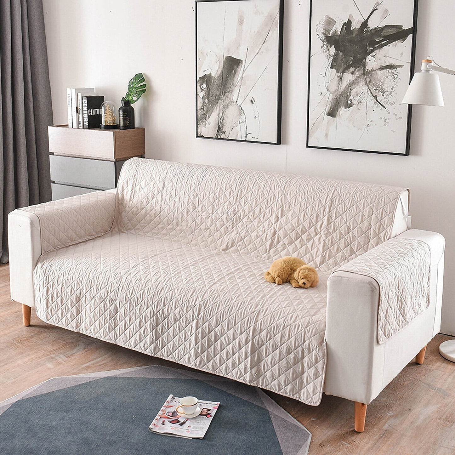 Beige Quilted Couch Covers Lounge Slipcover Seater Pet Sofa Protector Cover