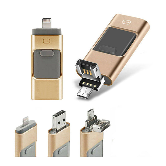 Gold 3 in 1 Flash Drive USB Memory Stick for IOS Android iPhone