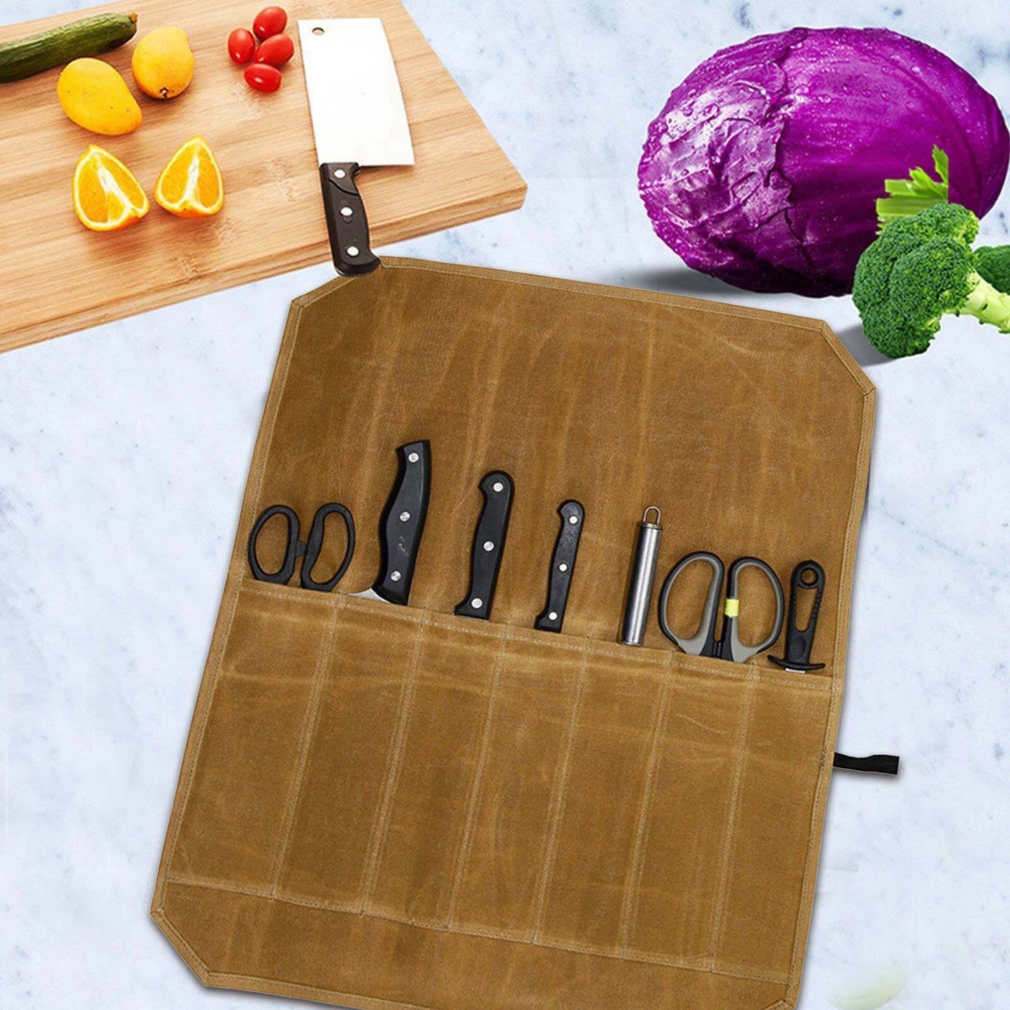 Waxed Canvas Chef Knife Roll Bag 7 Slot Storage Case