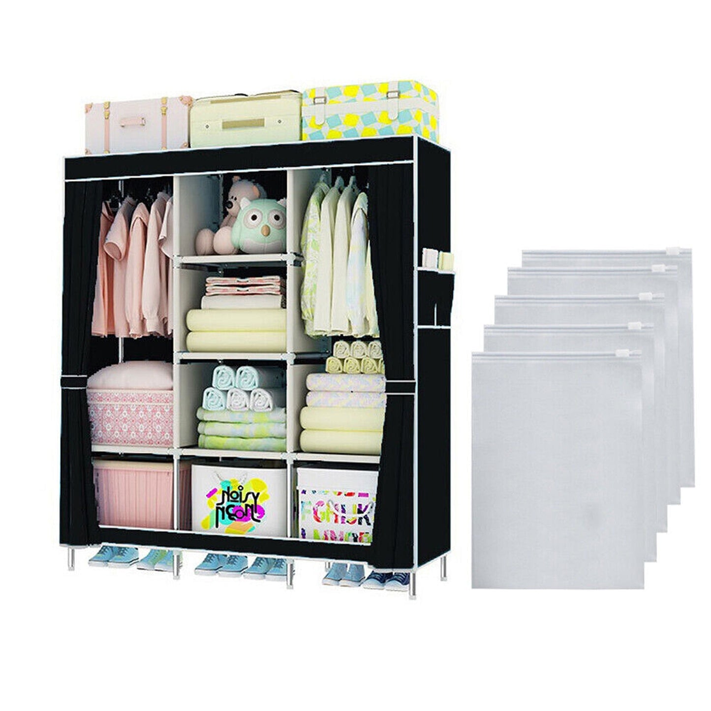 Large Portable Wardrobe with Shelves 66in Canvas Clothes Storage Organizer