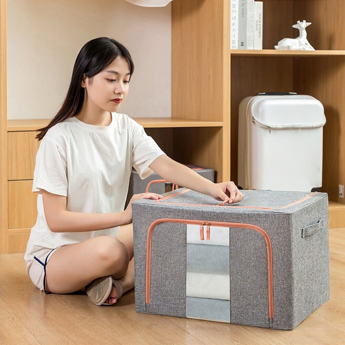 Grey Foldable Storage Box with Crushed Steel Frame Clothes Quilt Toys Organizer