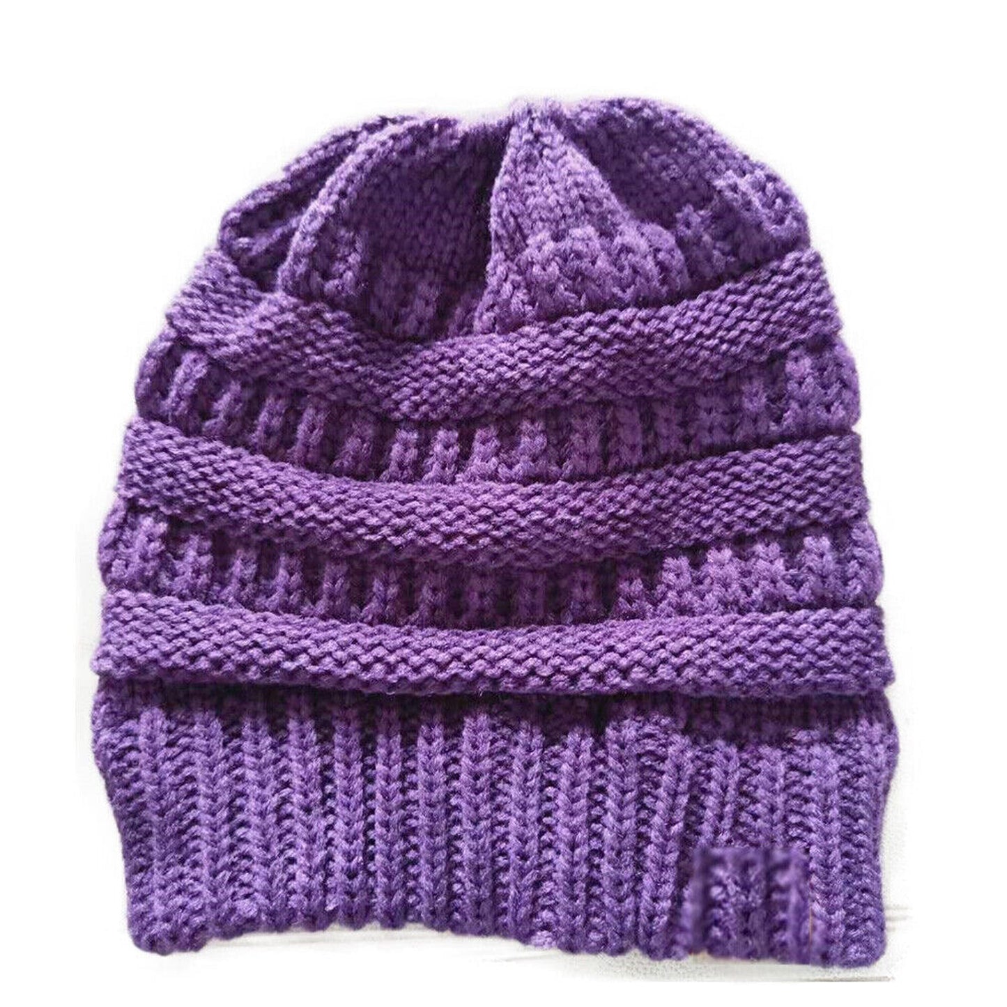 High Bun Ponytail Beanie for Women Soft Stretch Cable Knit Crochet Hat