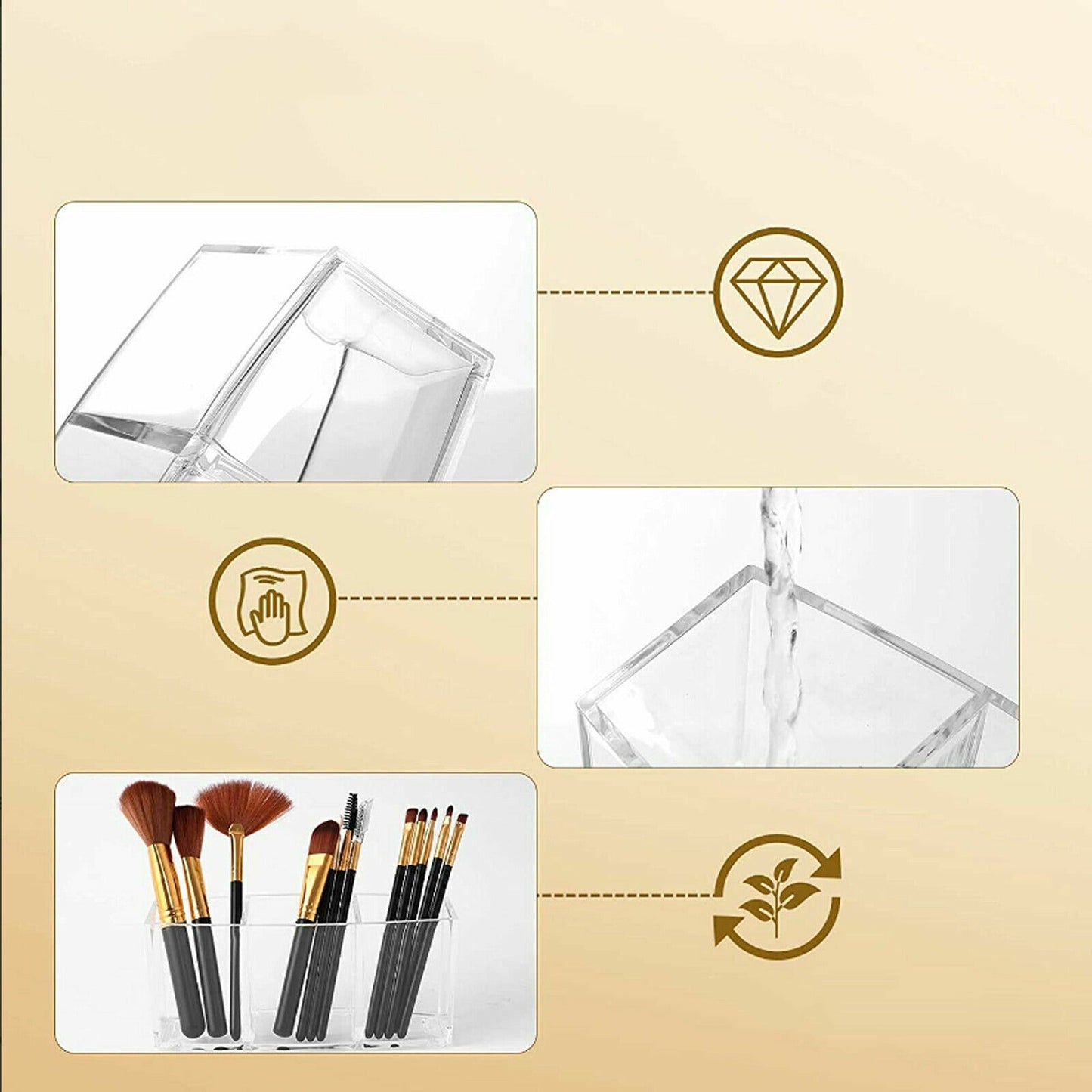 Acrylic Makeup Brush Holder with 3 Compartments for Cosmetic Storage