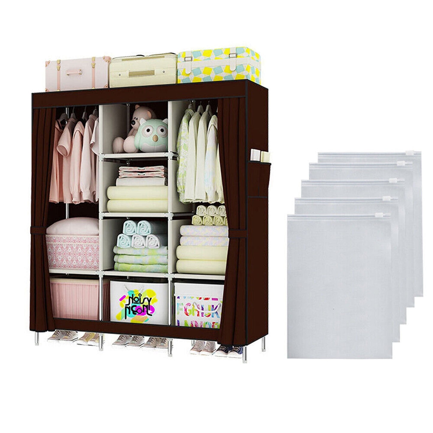 Large Portable Wardrobe with Shelves 66in Canvas Clothes Storage Organizer