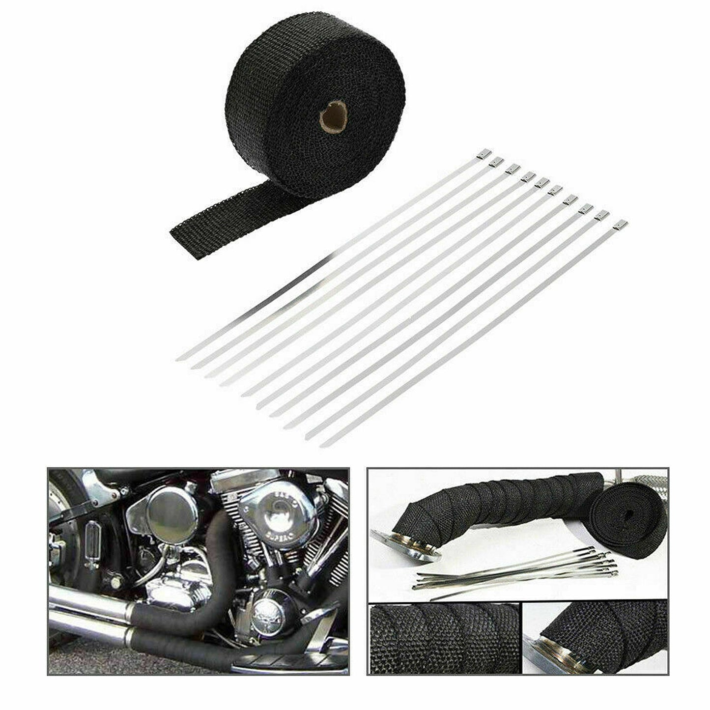 Exhaust Heat Wrap Resistant to 2000F with 10 Stainless Ties Black