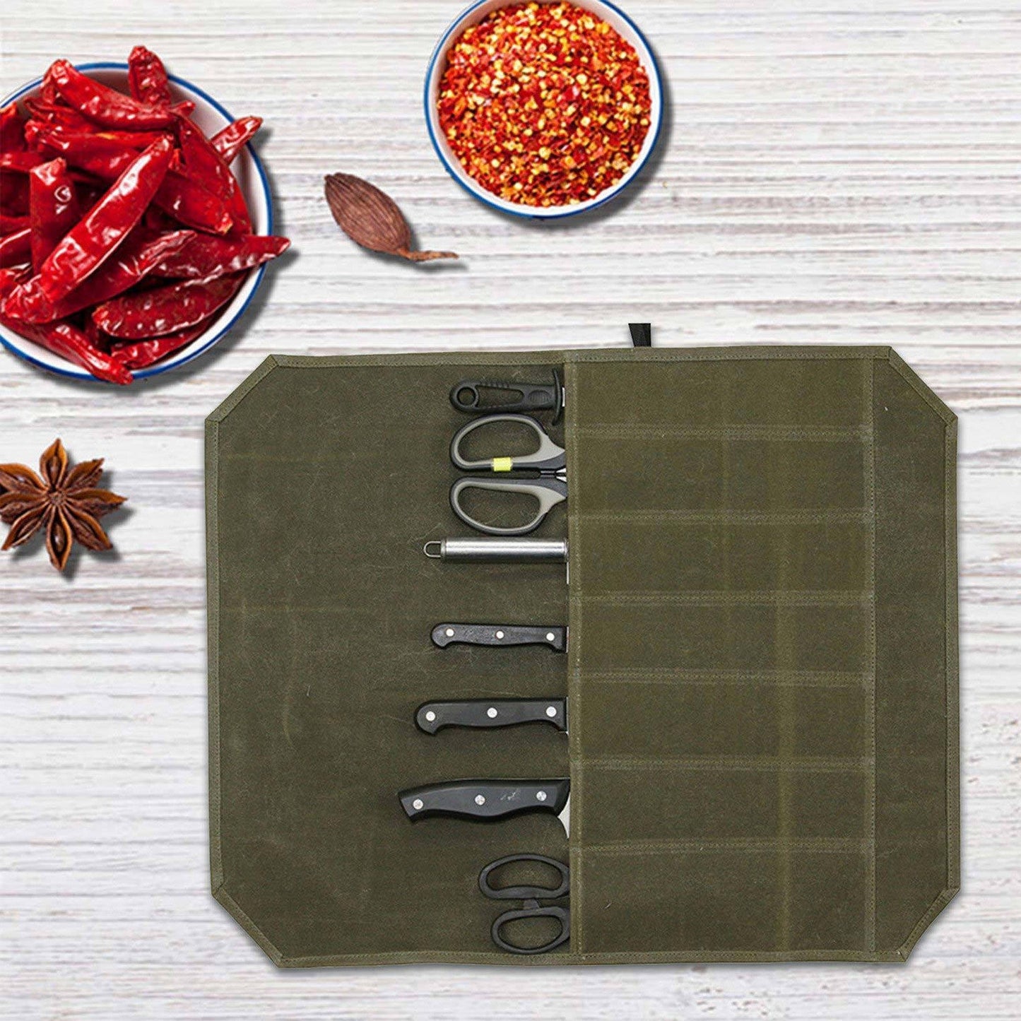 Waxed Canvas Chef Knife Roll Bag 7 Slot Storage Case