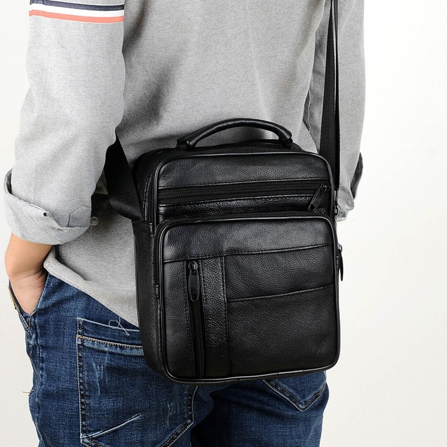 Men Genuine Leather Crossbody Bags Business Shoulder Messenger Backpack