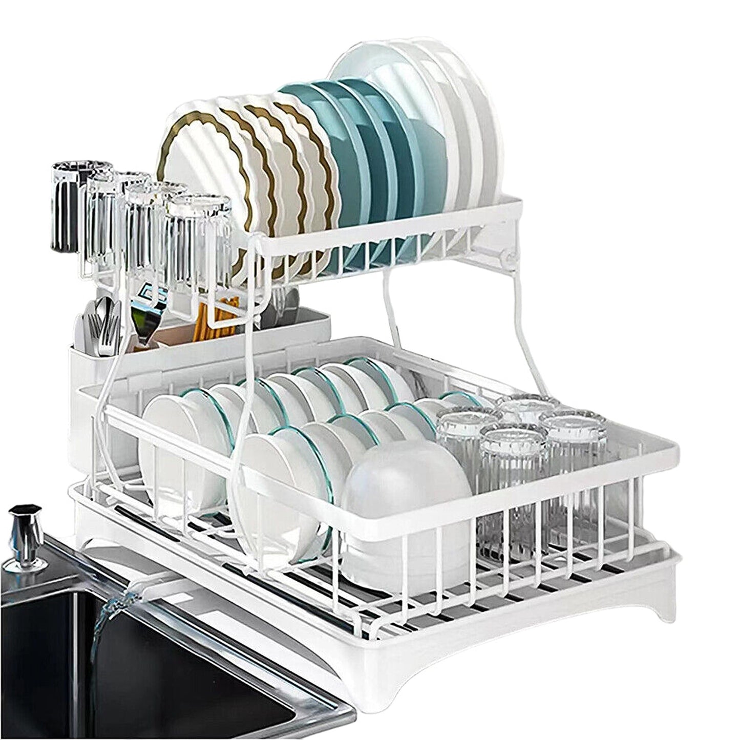 Over Sink Dish Drainer with Cup Holder Two-Tier Kitchen Rack