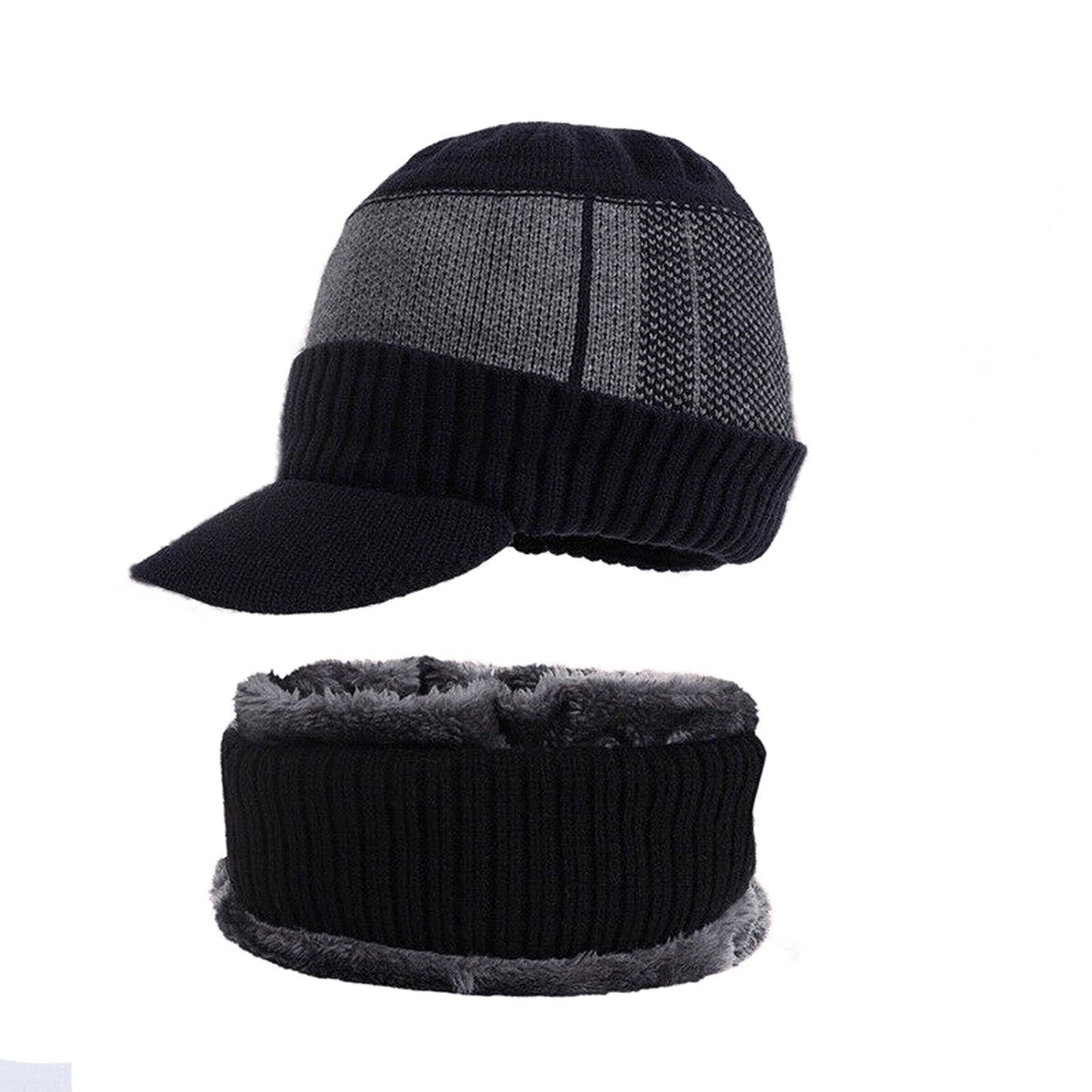 Men Fleece Lined Winter Beanie and Scarf Set Fashion Warm Ski Cap