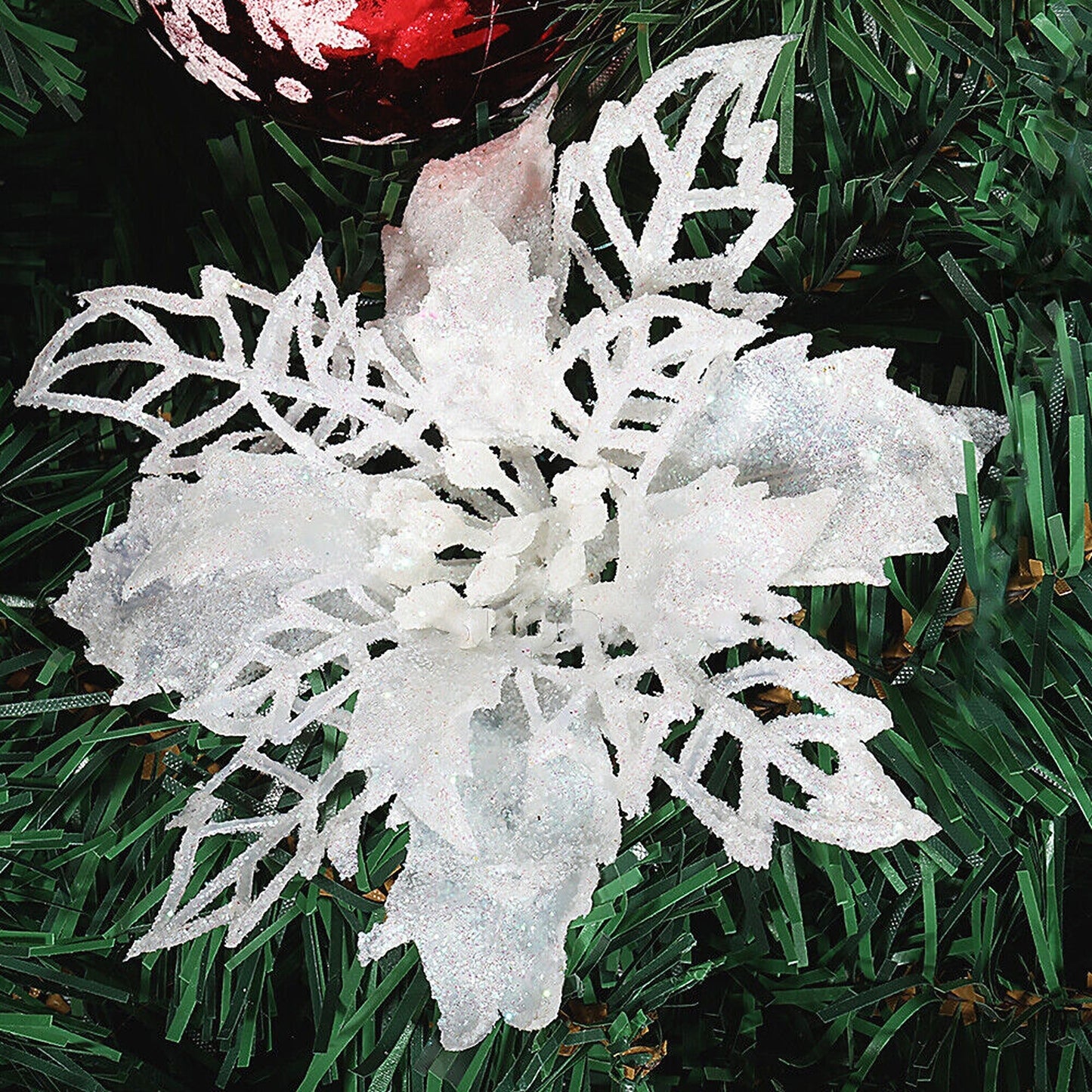 10pcs Christmas Poinsettia Glitter Flower Decorations Xmas Tree Hanging