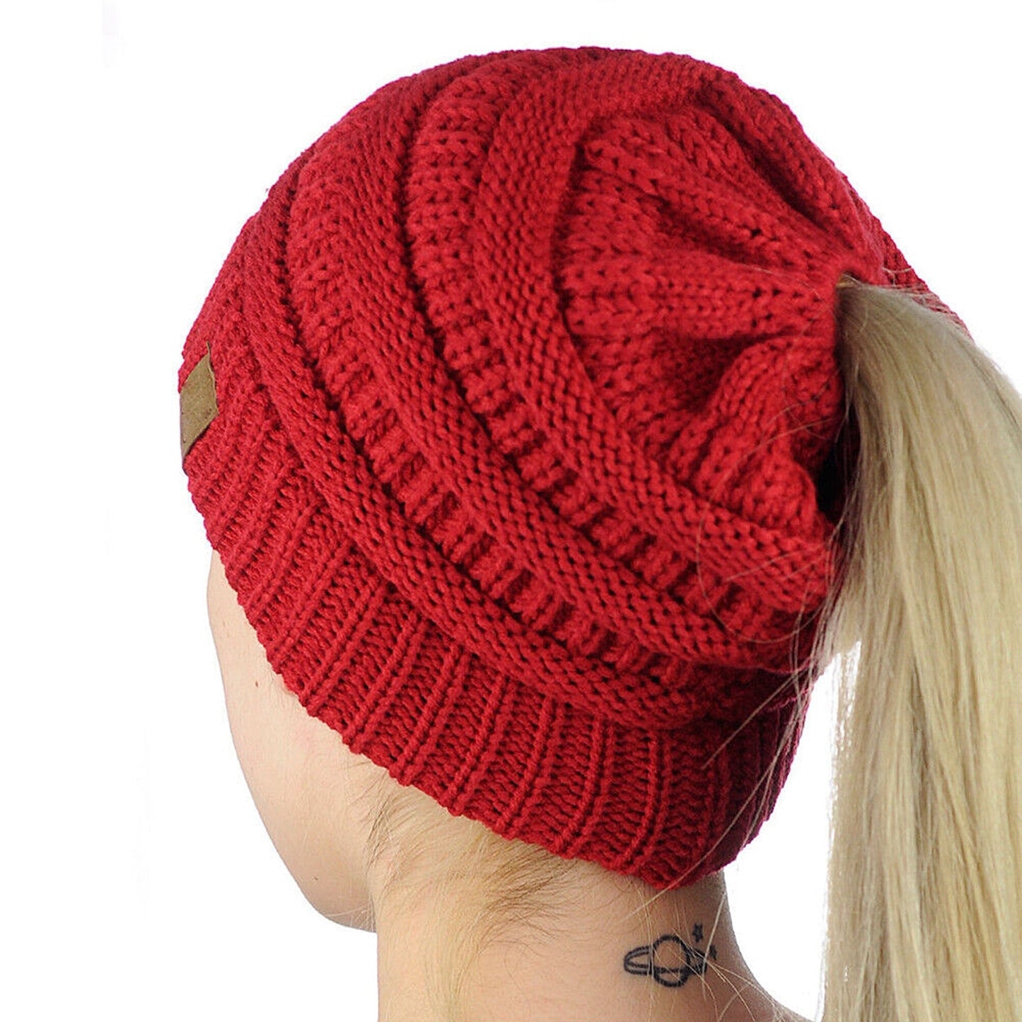 High Bun Ponytail Beanie for Women Soft Stretch Cable Knit Crochet Hat