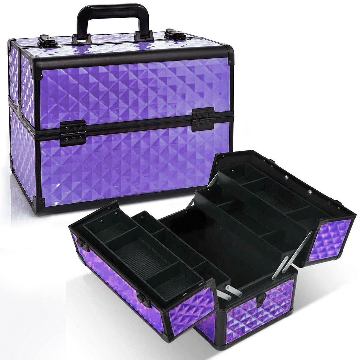Portable Diamond Pattern Beauty Makeup Cosmetic Case with Carry Strap