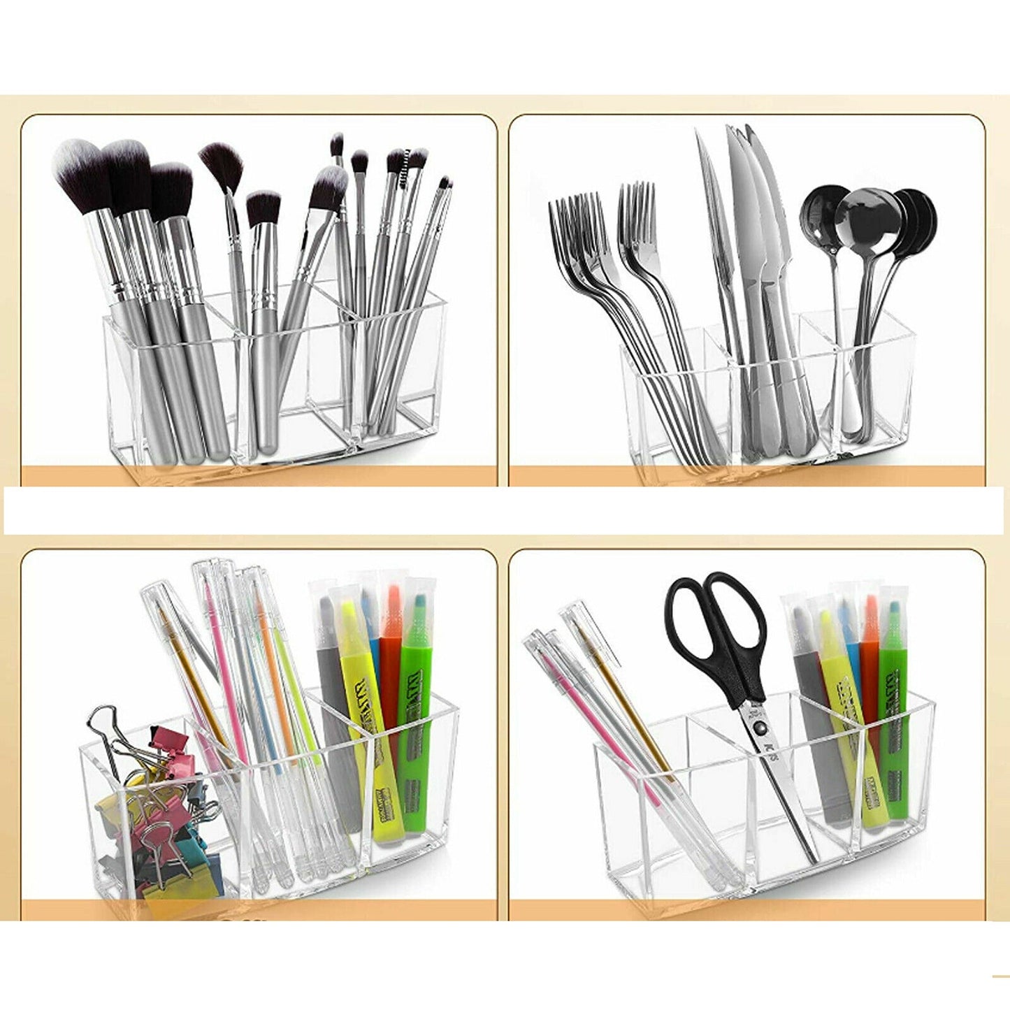 Acrylic Makeup Brush Holder with 3 Compartments for Cosmetic Storage