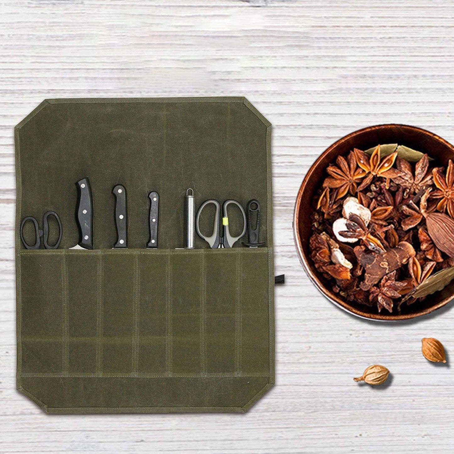 Waxed Canvas Chef Knife Roll Bag 7 Slot Storage Case