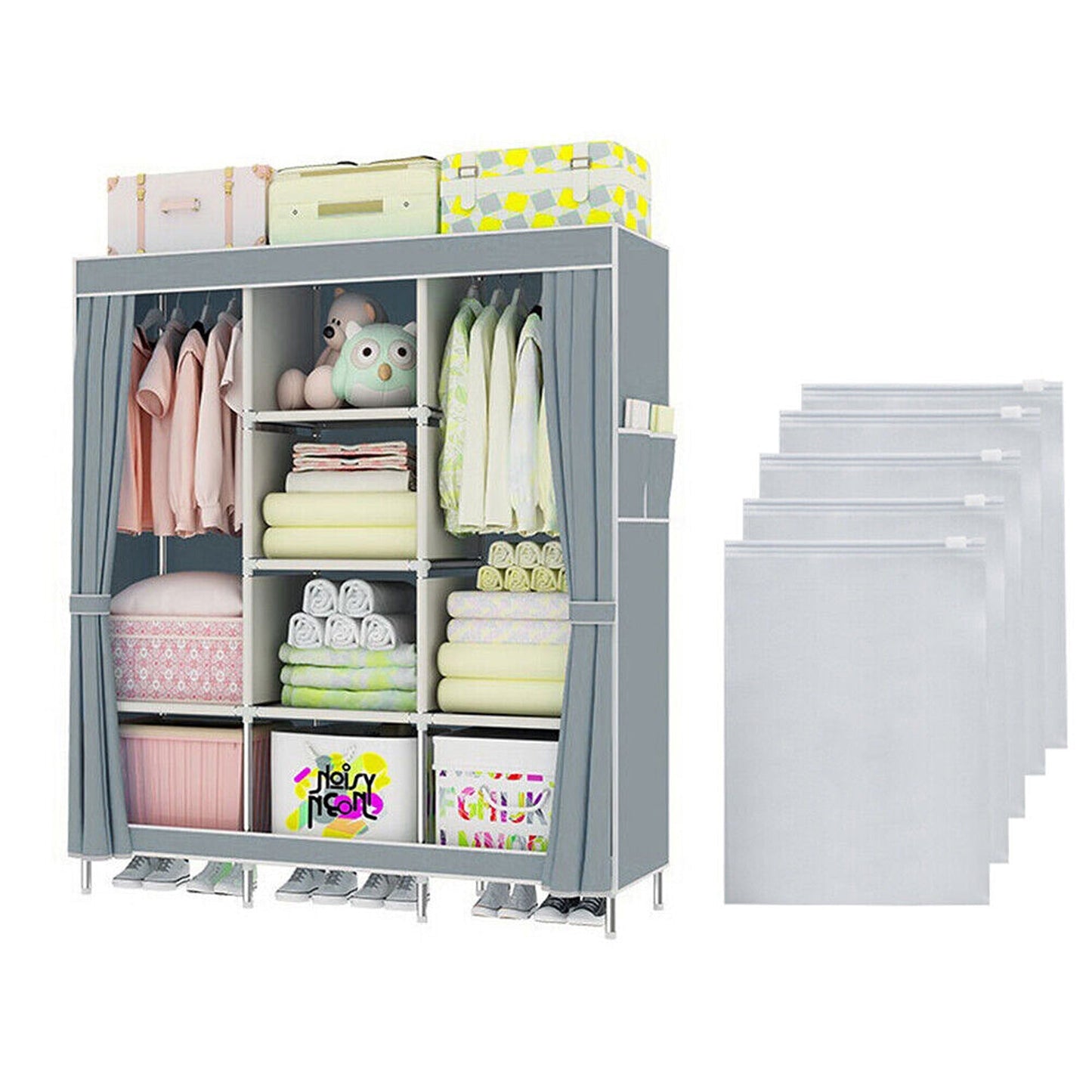 Large Portable Wardrobe with Shelves 66in Canvas Clothes Storage Organizer